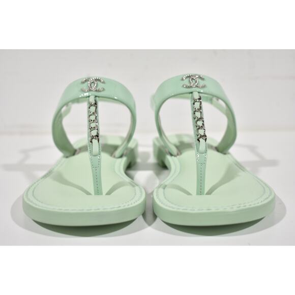 Chanel 22C Green Patent Silver Chain CC Logo Mule Slide Flat Thong Sandal 37 - Picture 7 of 12